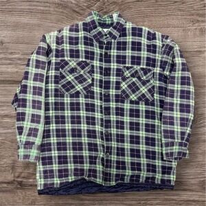Vintage Lumber Jack Quilted Flannel Large Shirt Jacket Green Navy Plaid Mens